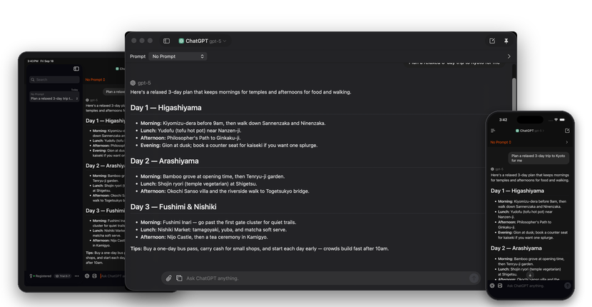 The same AreaViz conversation on Mac, iPad, and iPhone in dark mode