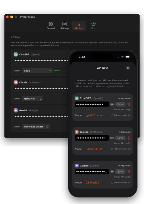 API key settings on Mac and iPhone with ChatGPT, Claude, and Gemini keys registered