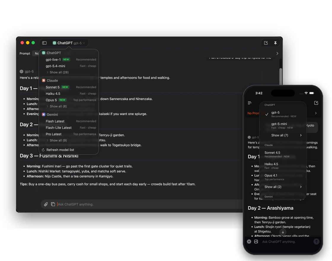AreaViz model pickers on Mac and iPhone, with ChatGPT, Claude, and Gemini options