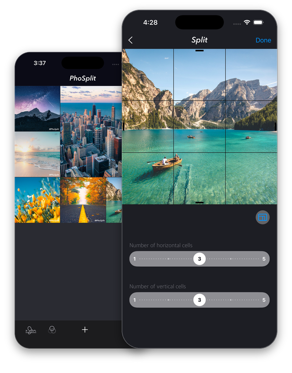 PhoSplit project grid and the split editor dividing a mountain lake photo into a 3 by 3 grid on iPhone